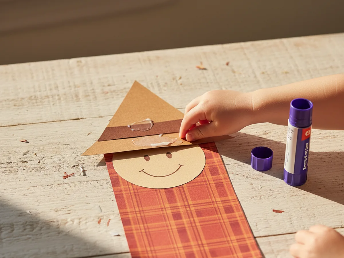 A child pressing a tan paper face circle onto the top of a plaid shirt rectangle with a wide brown triangle hat and a thin brown hatband glued on top, lying on a craft table with a purple glue stick beside it