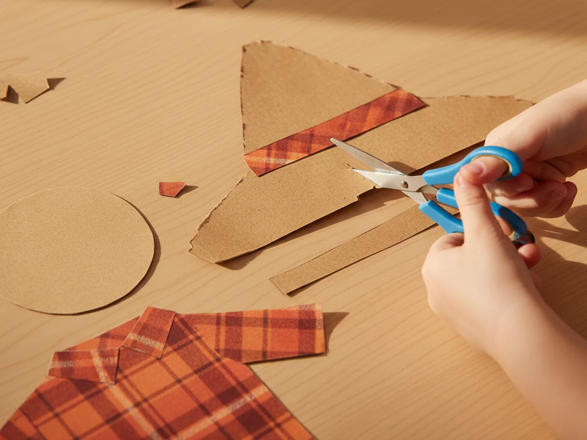 A child cutting a wide brown paper triangle for a scarecrow hat with a thin brown paper hatband strip lying next to the tan face circle and plaid shirt body on a craft table