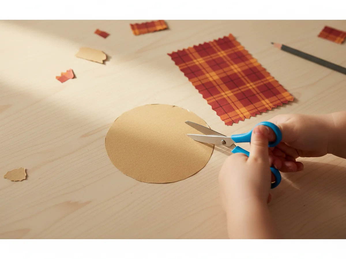 A child's hands cutting out a tan paper circle for the scarecrow face and a red and orange plaid paper rectangle for the shirt body on a light wood craft table