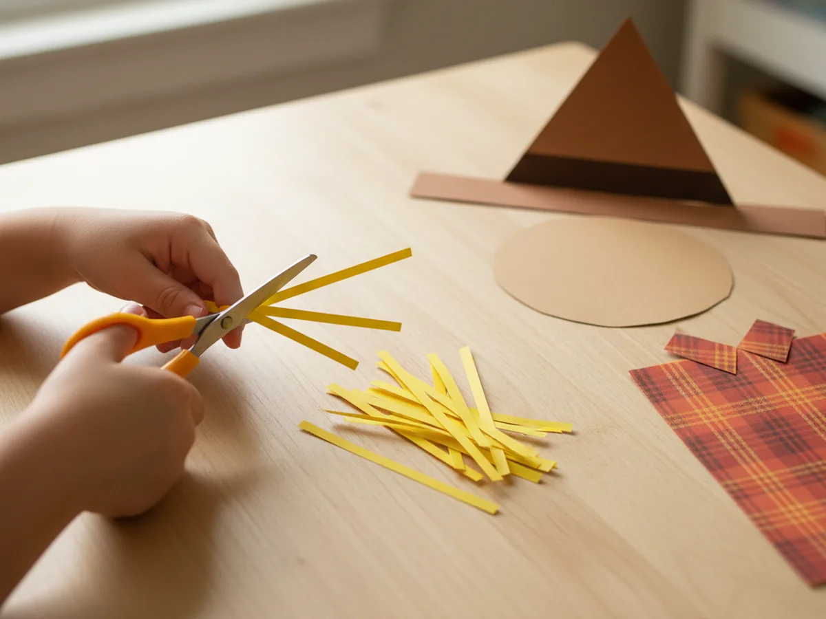 A child snipping thin yellow paper strips for scarecrow straw next to a small pile of cut yellow strips on a craft table with the tan face circle, plaid shirt rectangle, and brown triangle hat ready to assemble
