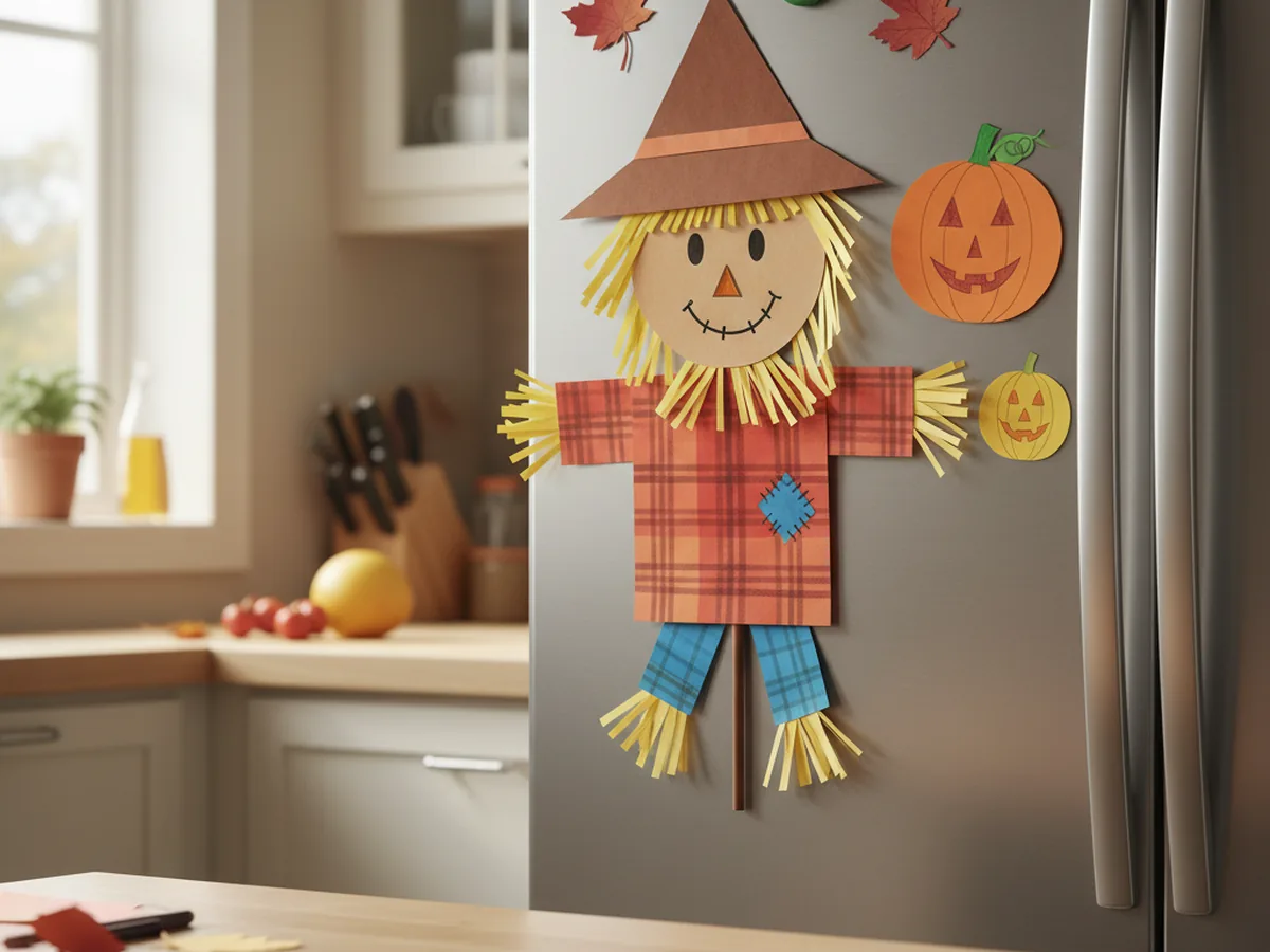 A finished handmade paper scarecrow craft with a tan face, plaid body, brown hat, yellow straw, two round eyes, a triangle nose, and a stitched smile drawn in black marker displayed on a fridge next to fall paper pumpkins