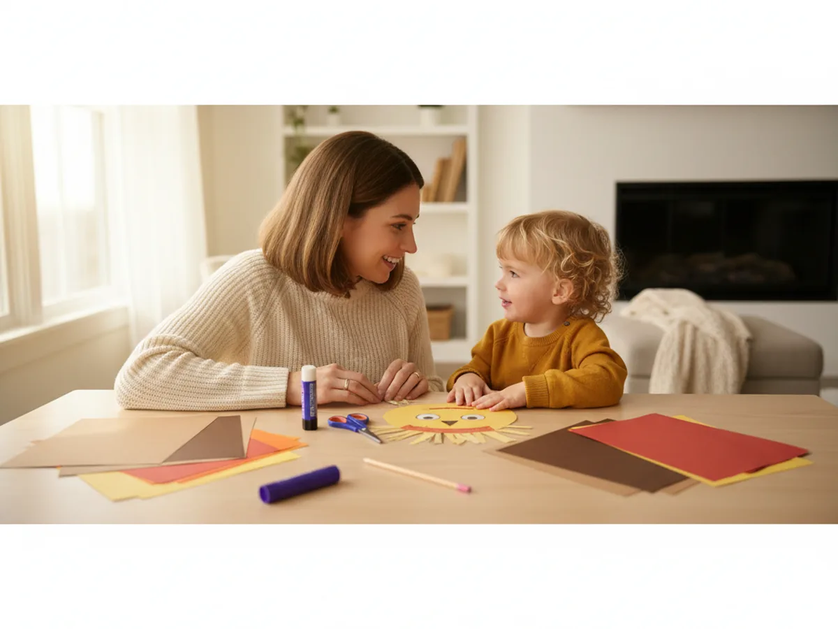 A mom and young child sitting together at a craft table with tan, brown, yellow, and plaid construction paper, scissors, a glue stick, and a black marker getting ready to make a paper scarecrow craft