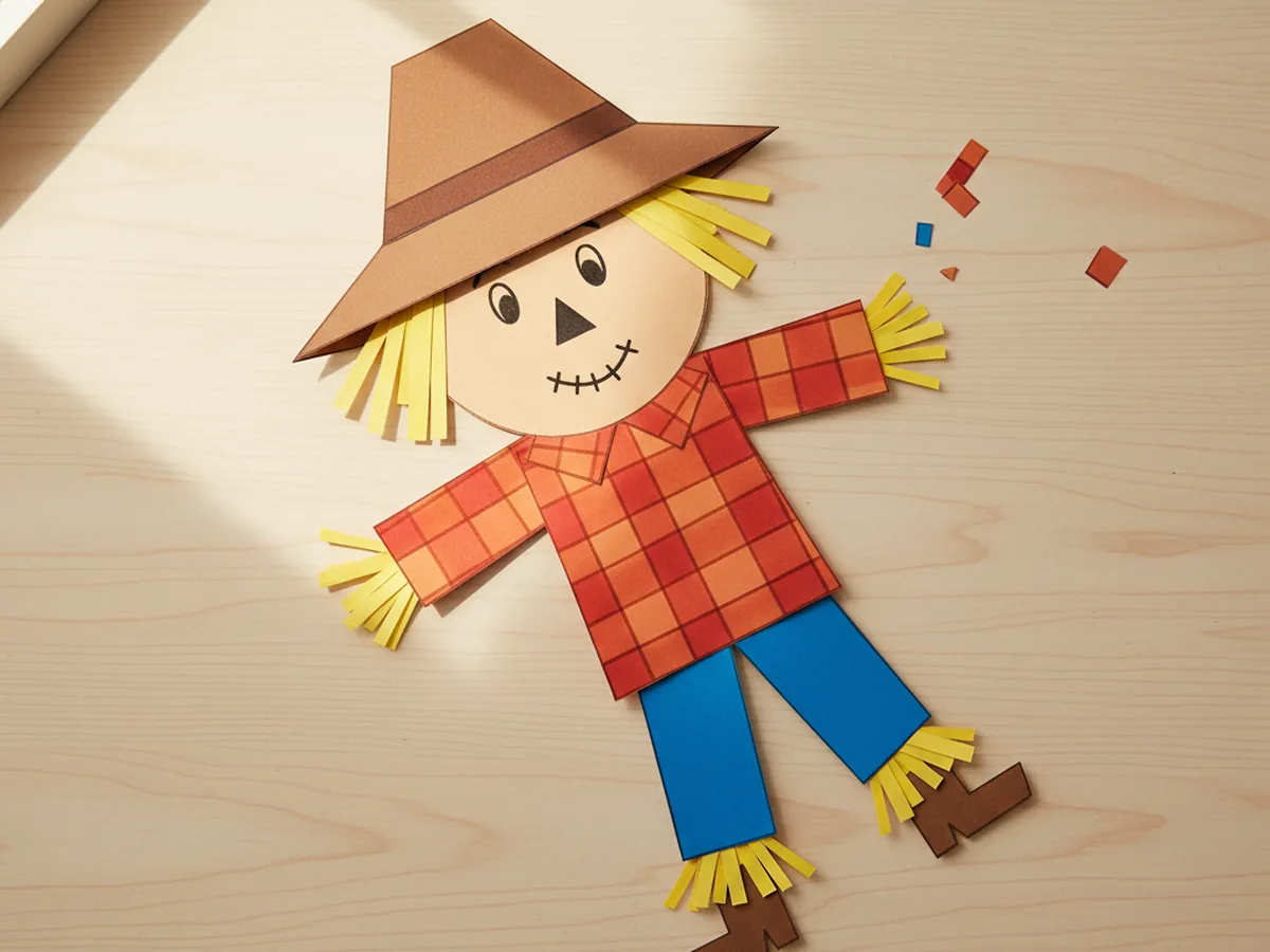 Finished handmade paper scarecrow craft with a tan round face, a plaid paper shirt body, a wide brown triangle straw hat, yellow paper straw poking out at the sleeves and pants, and a stitched smile drawn on the face