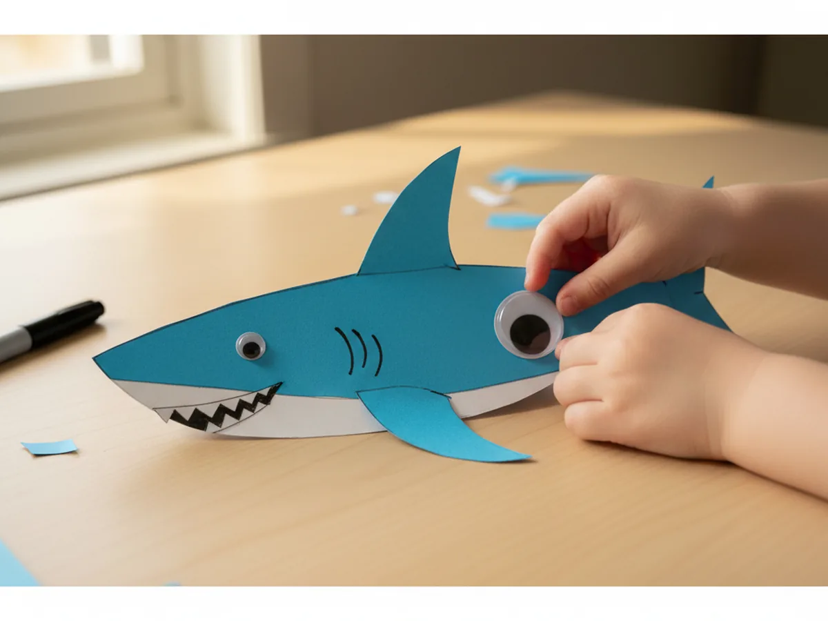 A child sticking a large googly eye onto the front of a blue paper shark and drawing small curved black gill lines on the side of the body with a fine point marker