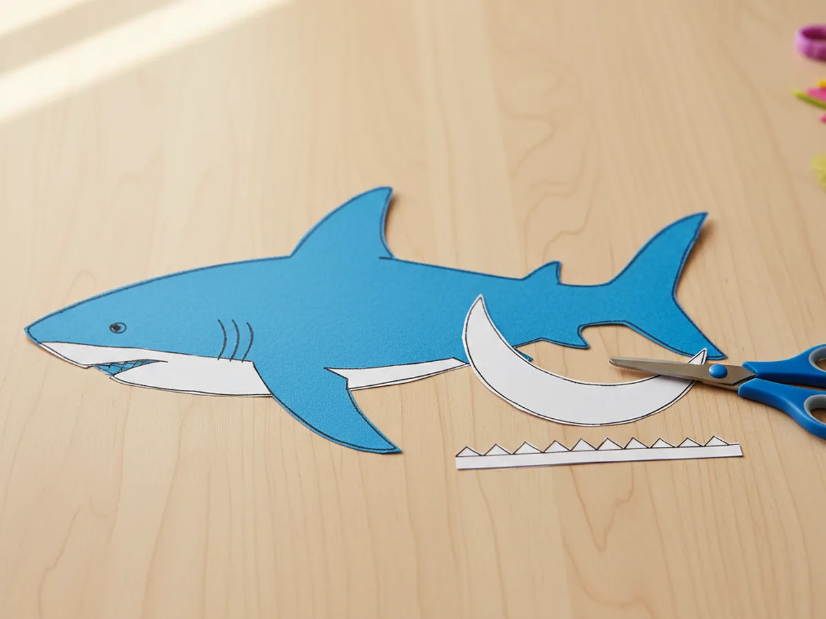 A child cutting a curved white cardstock belly piece and a zigzag strip of white paper teeth next to the blue shark body shape on a craft table