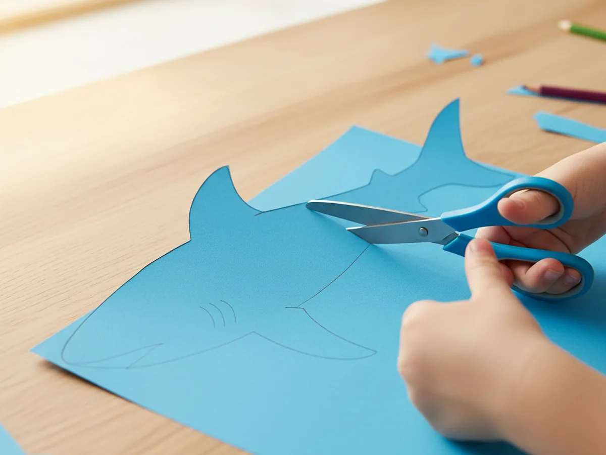A child's hands cutting a long blue cardstock shark body shape with a pointed snout and tail using small blue handled kid scissors on a light wood craft table