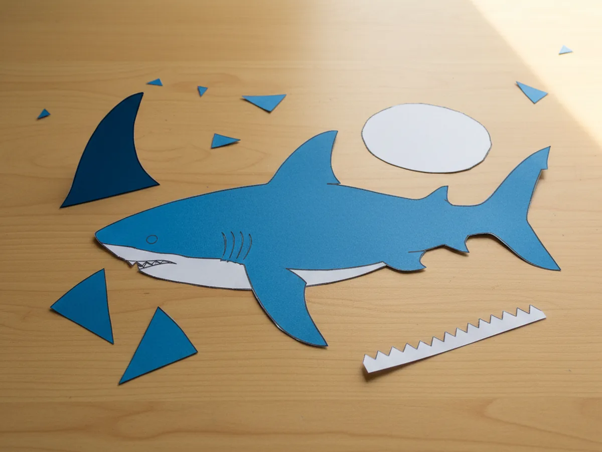 A blue cardstock shark body lying on a craft table with one large triangular dorsal fin and two smaller side fin triangles cut from blue scraps placed beside it