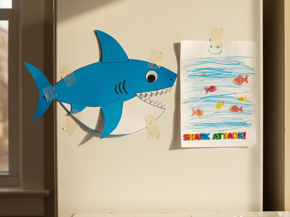 A finished handmade blue paper shark craft with a white belly, zigzag teeth, googly eye, and gill lines displayed on a fridge next to a child's ocean drawing