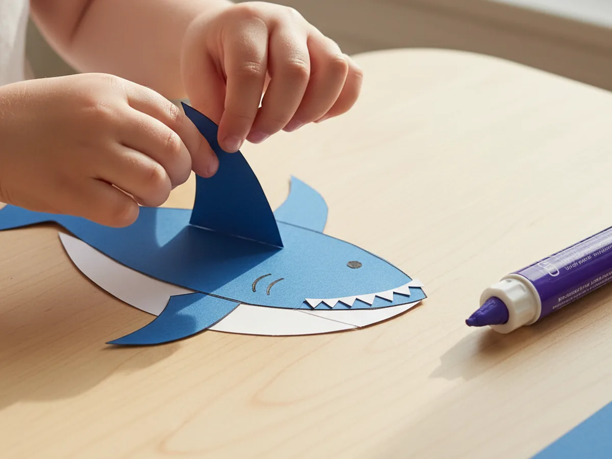 A child pressing a white belly piece, a zigzag tooth strip, and a triangular dorsal fin onto a blue cardstock shark body with a purple glue stick lying nearby