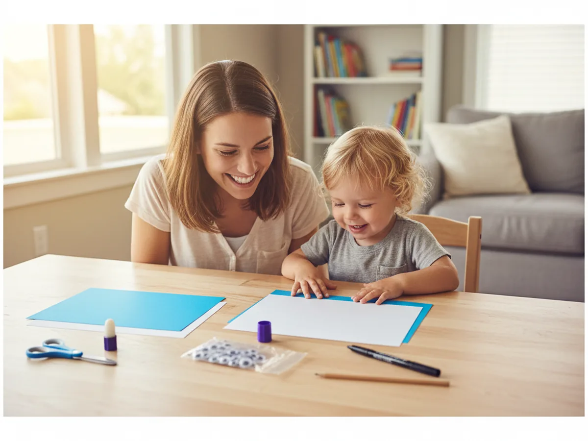 A mom and young child sitting together at a craft table with blue and white cardstock, scissors, glue stick, googly eyes, and a black marker ready to make a paper shark craft