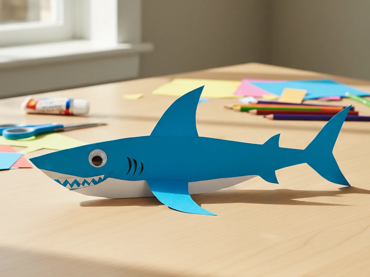 Finished handmade paper shark craft cut from blue cardstock with a white belly, zigzag white paper teeth, triangular dorsal and side fins, and one large googly eye