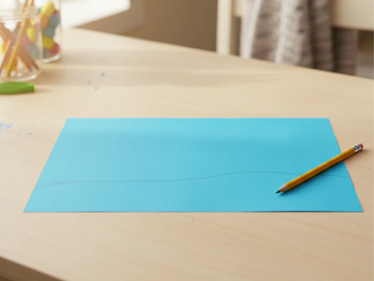 Blue construction paper laid flat on a white craft table with a light pencil wave line drawn across the lower third for the water line