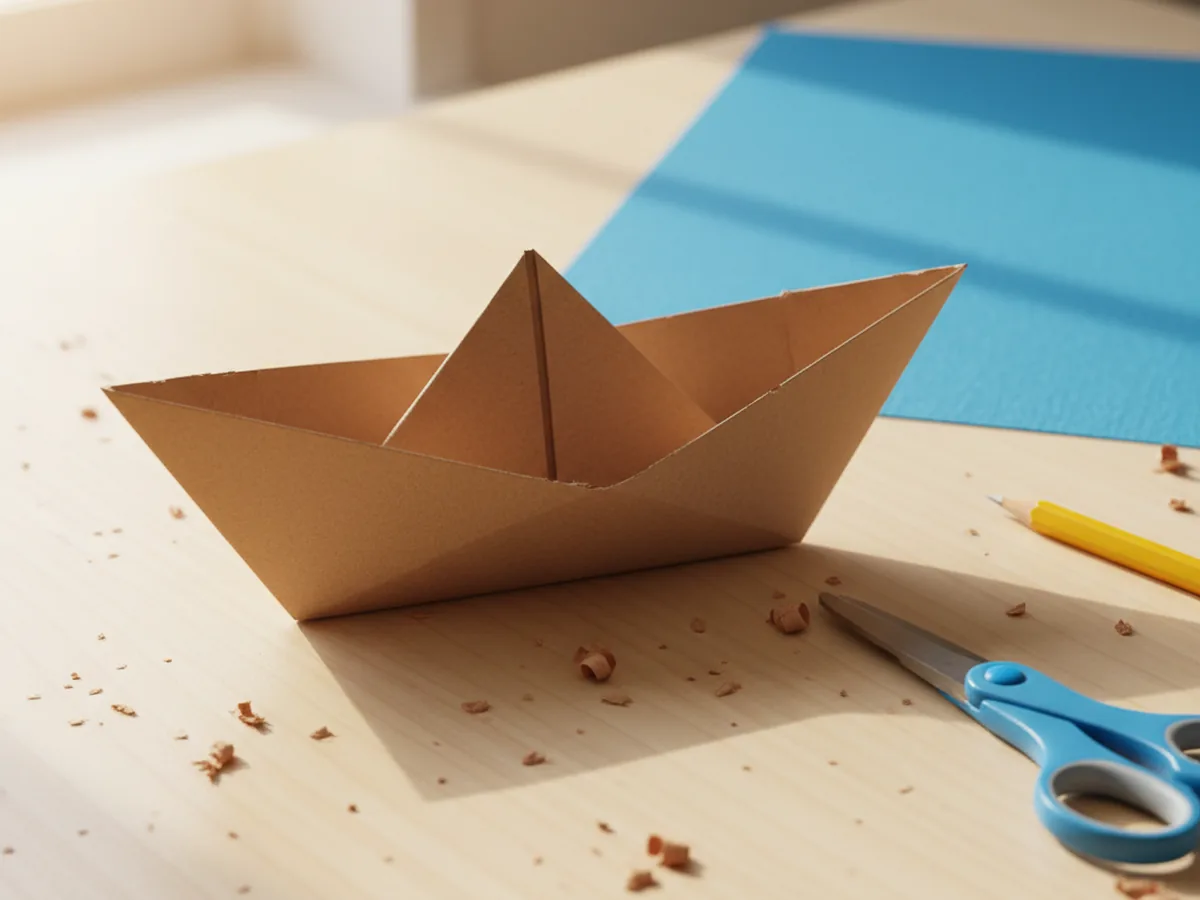 A wide brown paper trapezoid hull shape cut out and lying on a white craft table next to scissors and a pencil