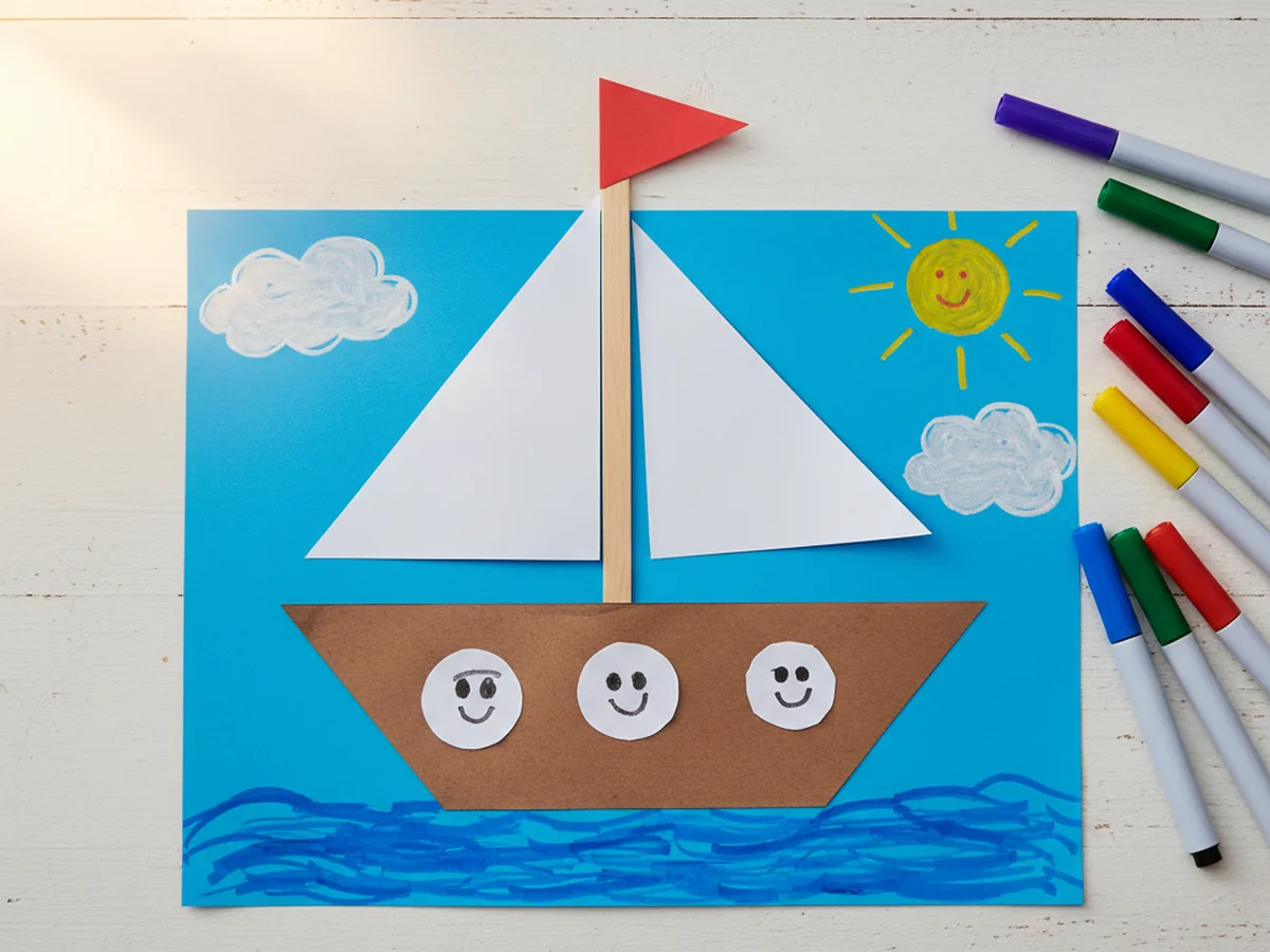 Finished decorated paper ship craft on blue background with wave lines on the water, a yellow sun, white clouds, and faces drawn inside the portholes