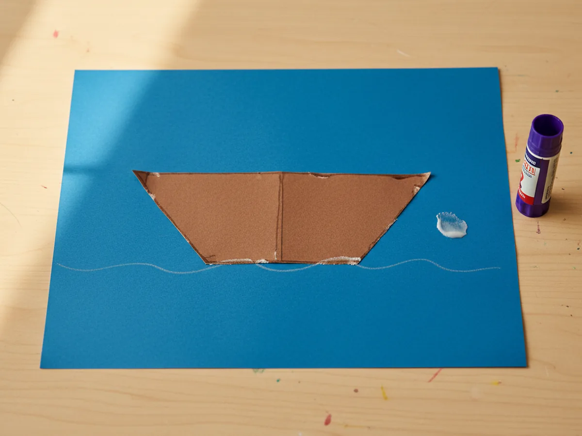 Brown paper hull glued onto blue construction paper just above a light pencil wave line, forming the body of the ship