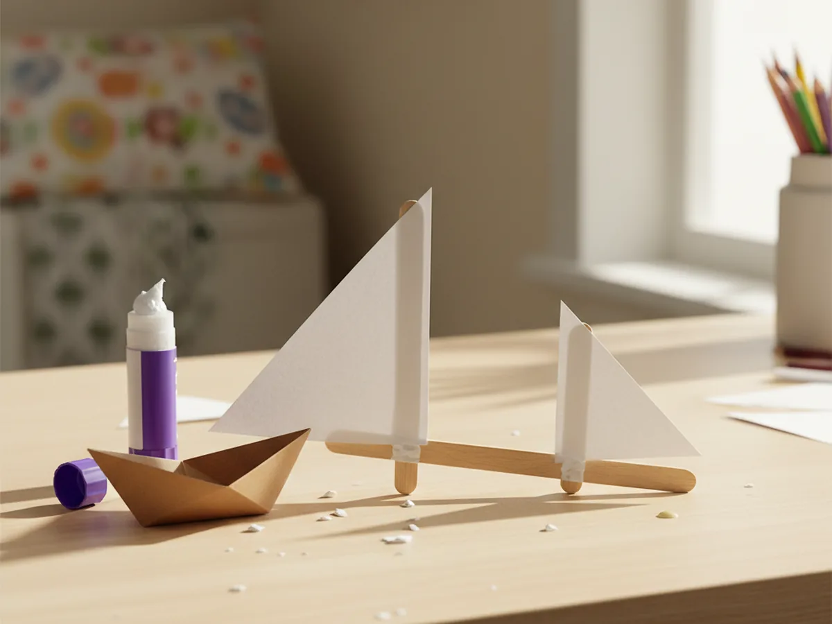 Two white paper sails glued to either side of a wooden craft stick forming the ship mast, resting on a craft table