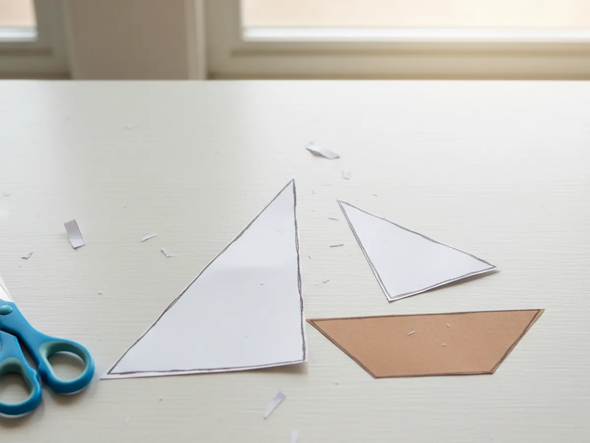Two white paper right-angled triangles cut out to serve as sails, lying next to the brown paper hull on a craft table