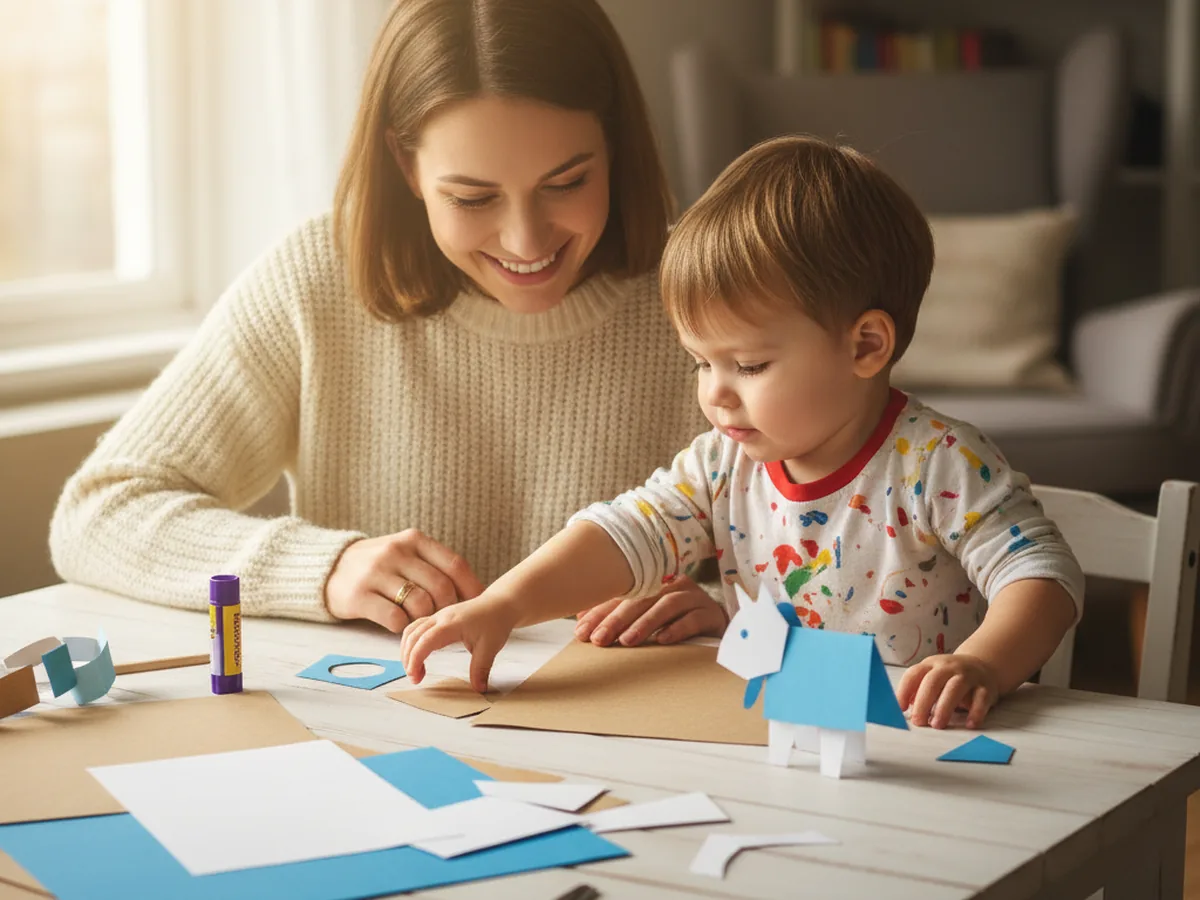A mom and young child sitting together at a craft table with colored construction paper and scissors, starting a paper ship craft