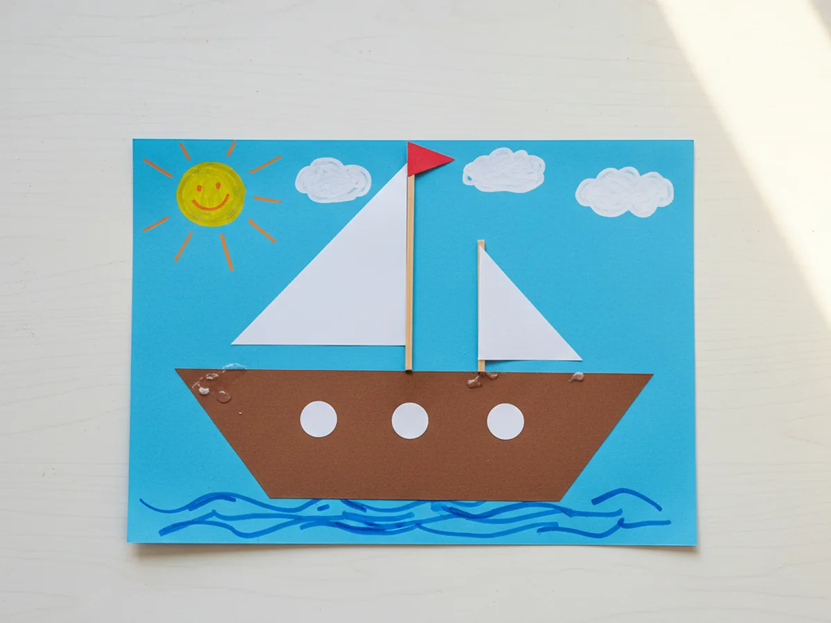 Finished paper ship craft with brown hull, white sails on a craft stick mast, and red flag glued onto a blue background