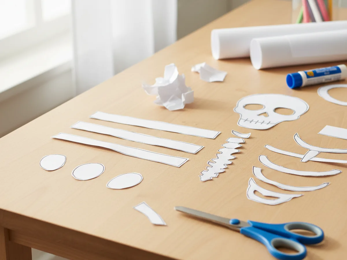 Two white paper arm strips, two longer white paper leg strips, and four small white paper ovals for hands and feet, cut and laid out on a craft table
