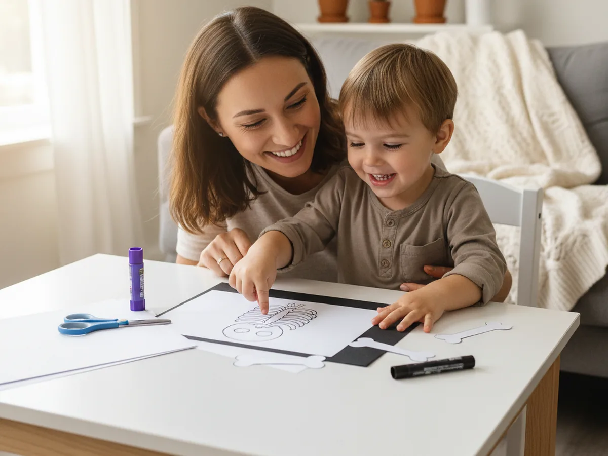 A mom and her young child sitting at a craft table with white cardstock, black construction paper, kid scissors, a glue stick, and a black marker, smiling as they get ready to make a paper skeleton craft
