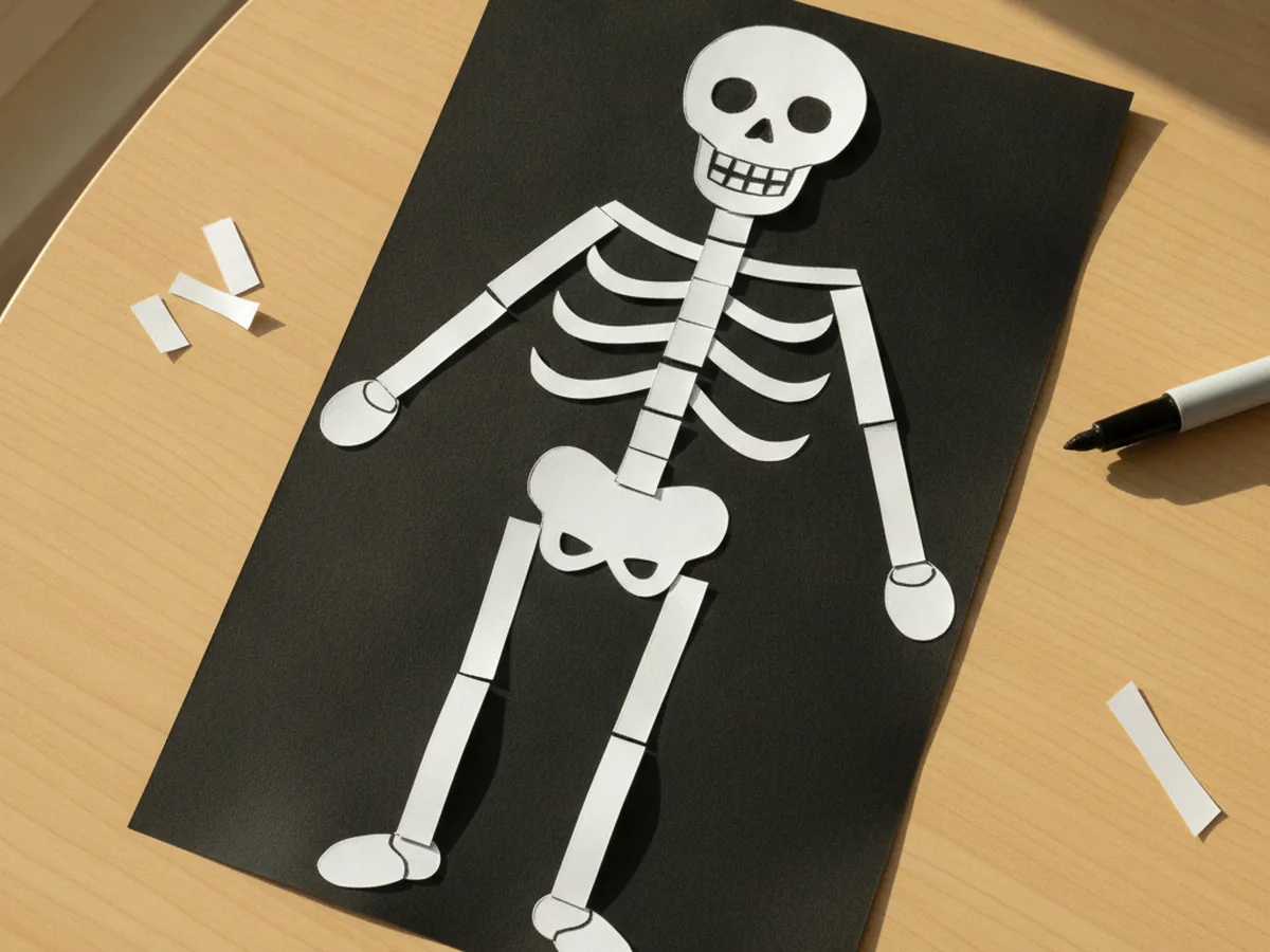 Finished paper skeleton craft made from white paper bones, a round skull with a marker face, a spine, ribs, arms, and legs glued onto black construction paper