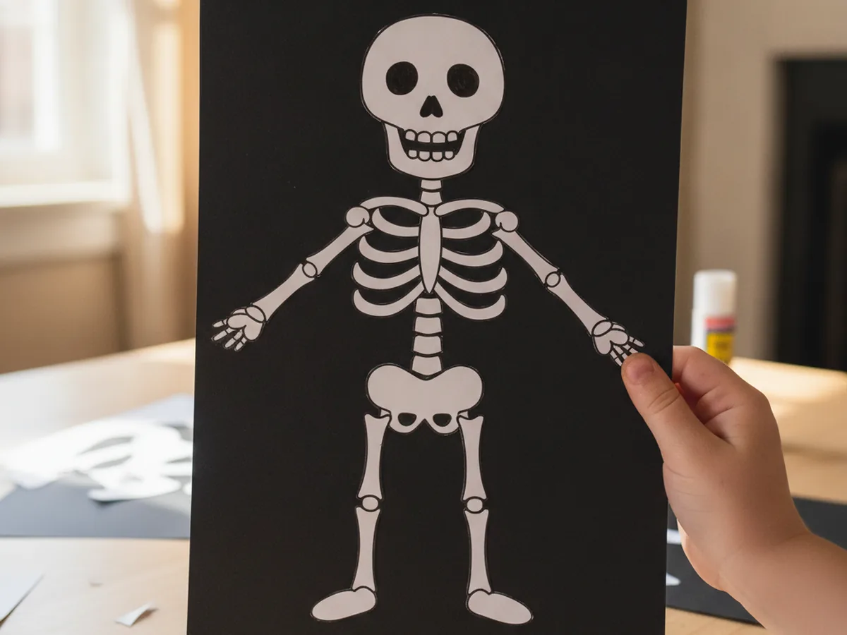 The finished paper skeleton craft with a smiling marker skull, spine, ribs, arms, legs, and oval hands and feet, all glued onto black construction paper and held up by a child's hand