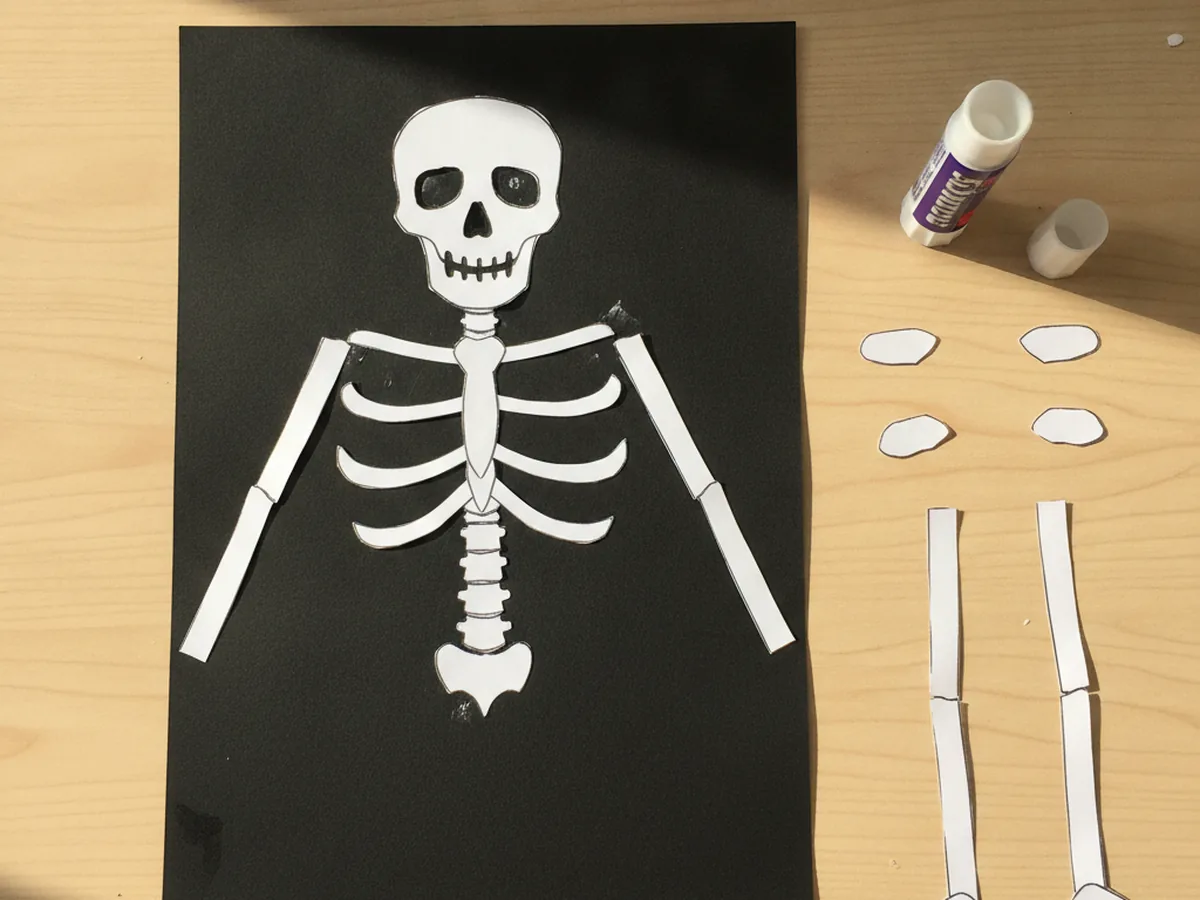 The paper skeleton on black paper with a row of curved white rib strips glued across the spine and two white arm strips attached at the shoulders reaching down each side