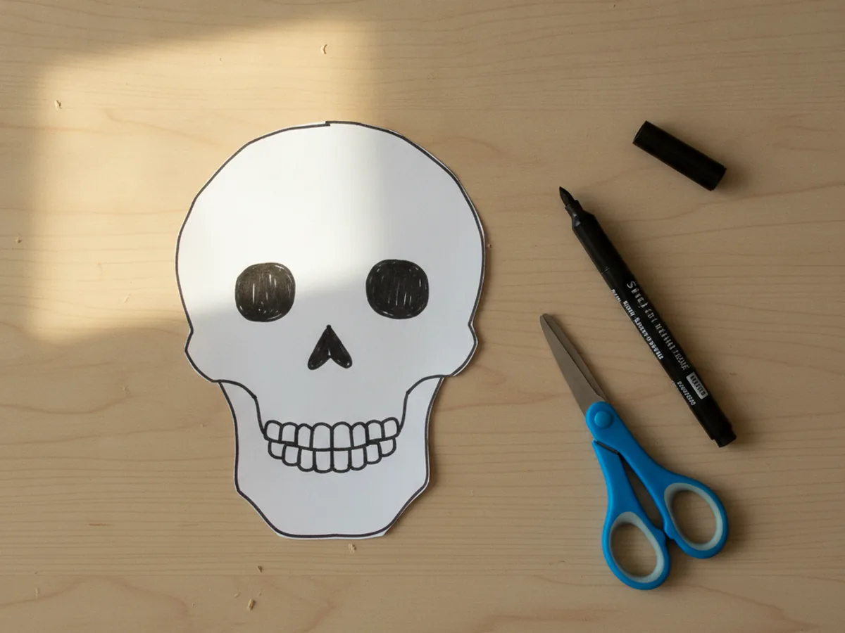 A white cardstock skull shape with a small jaw, decorated with two round black eyes, a small triangle nose, and a row of teeth drawn in black marker, lying on a craft table next to scissors