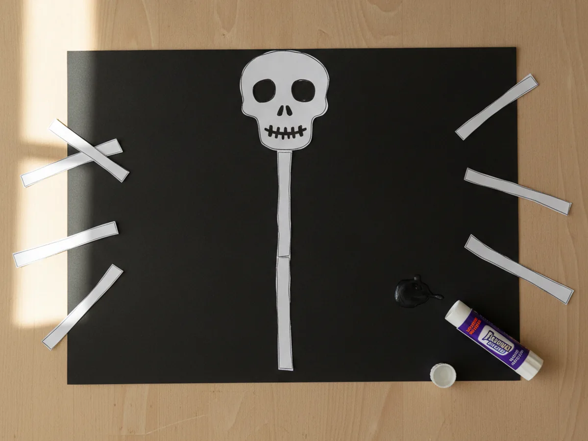 The white skull and long white spine strip glued to the top center of a sheet of black construction paper, forming the start of a paper skeleton