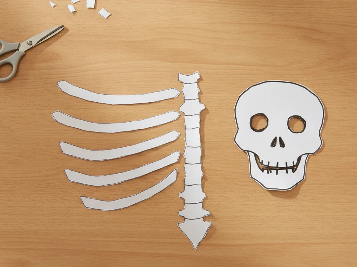 One long white paper strip for a skeleton spine and four shorter slightly curved white paper strips for ribs, cut and arranged on a craft table beside the decorated skull
