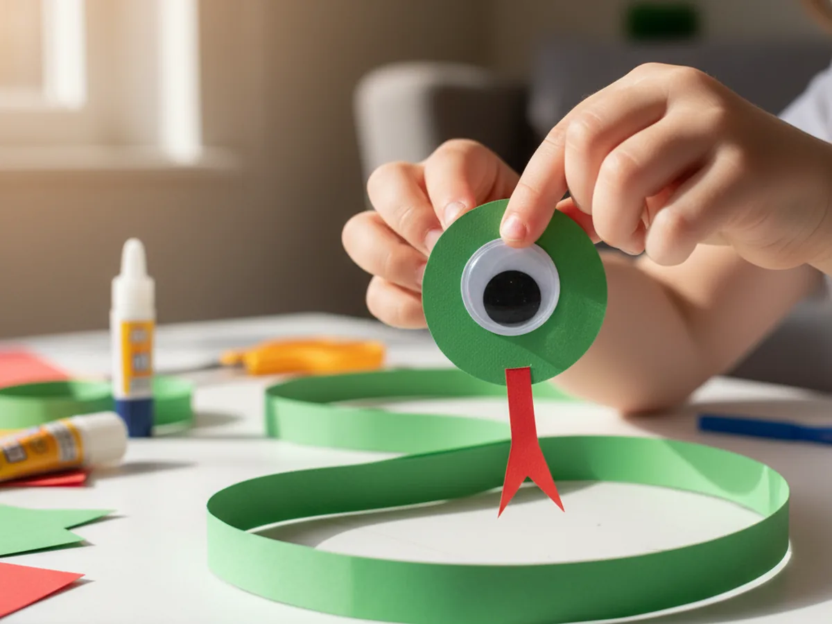 A child pressing a large googly eye onto the head of the finished green paper snake craft on a white craft table