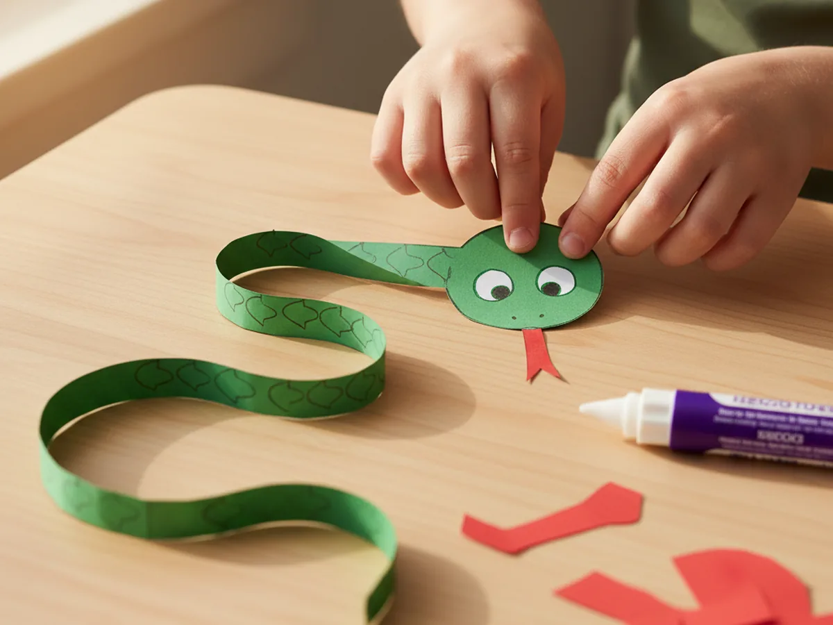 A small red forked paper tongue being glued to the underside of the center circle of the green paper snake's head