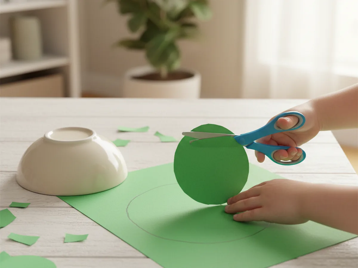 A child cutting out a large circle from a sheet of green construction paper with child-safe scissors on a craft table