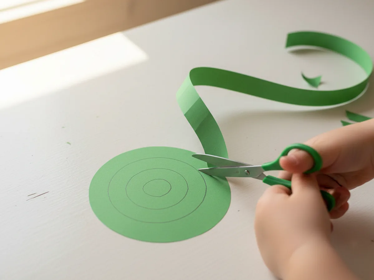 Hands carefully cutting along a spiral pencil line on a green paper circle, creating a long coiling paper snake strip