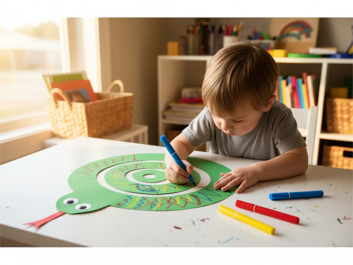 A child decorating a green paper spiral snake with colorful zigzag and scale patterns using washable markers on a craft table