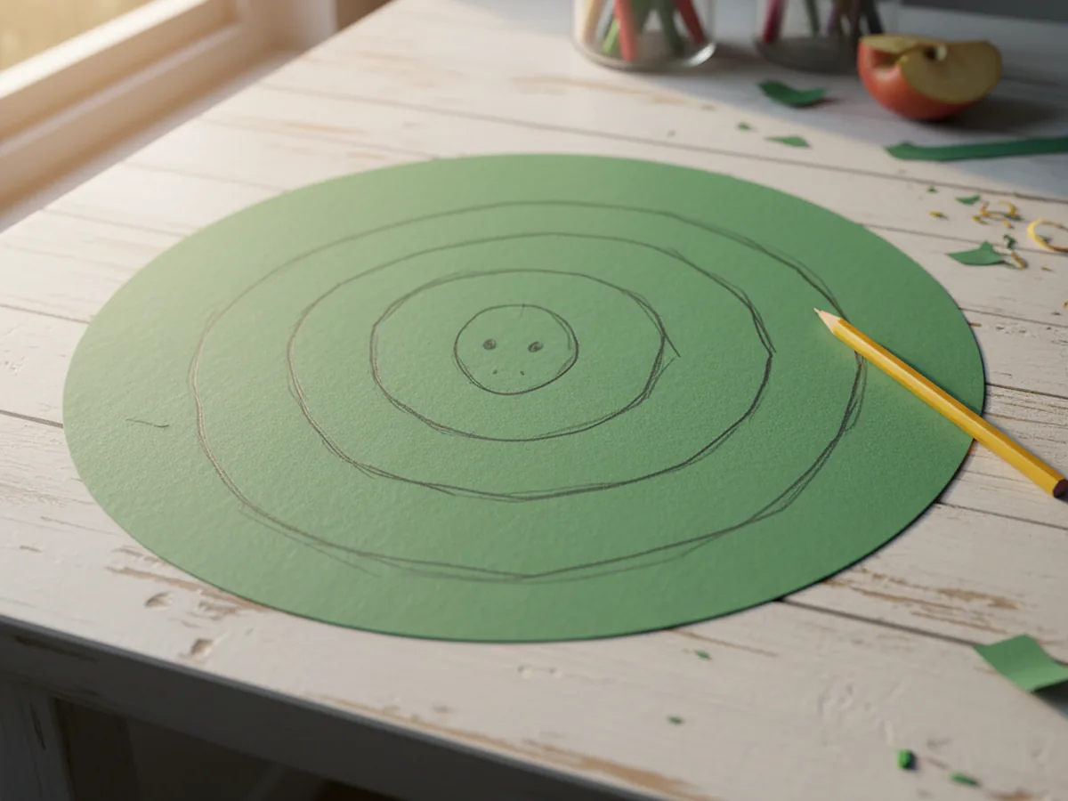 A pencil-drawn spiral on a green paper circle laid flat on a white craft table, ready to be cut out