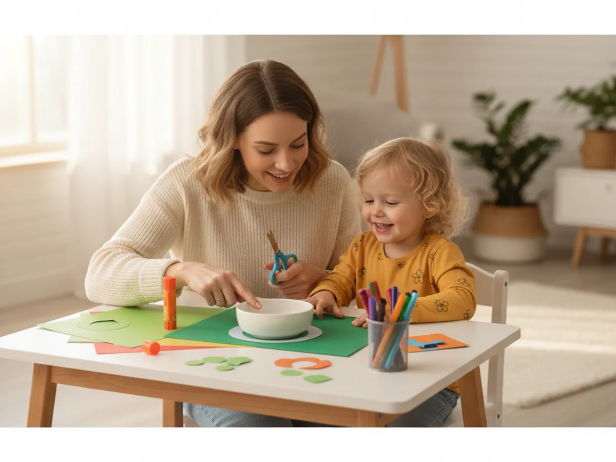 A mom and young child sitting together at a craft table, ready to start making a paper snake craft with green construction paper
