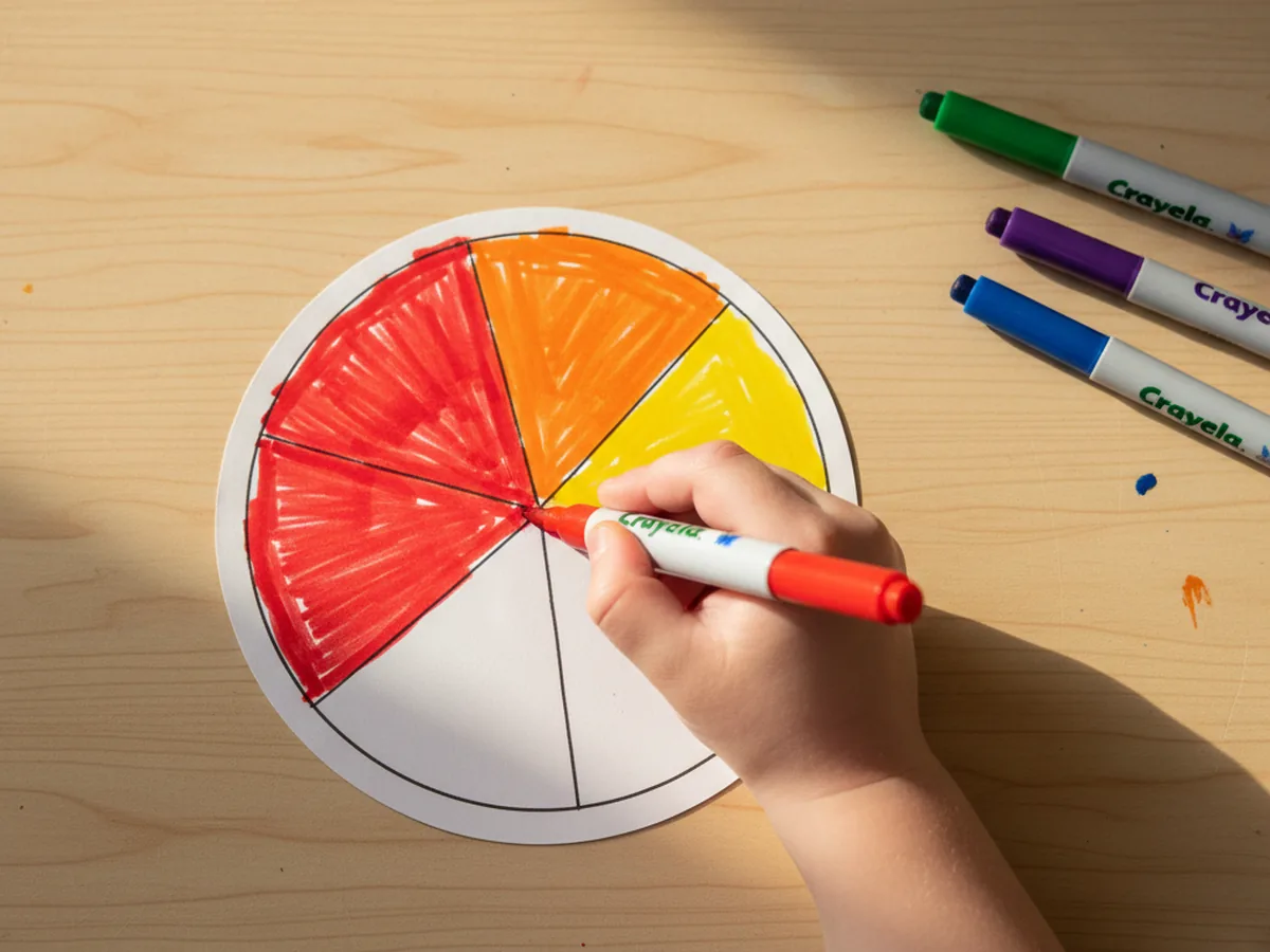 A child coloring rainbow pie sections on a cardstock circle with bright markers for the paper spinner craft