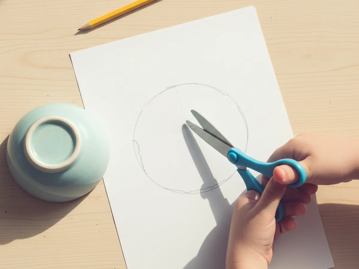 A child's hands cutting a round white cardstock circle along a pencil line on a wood craft table
