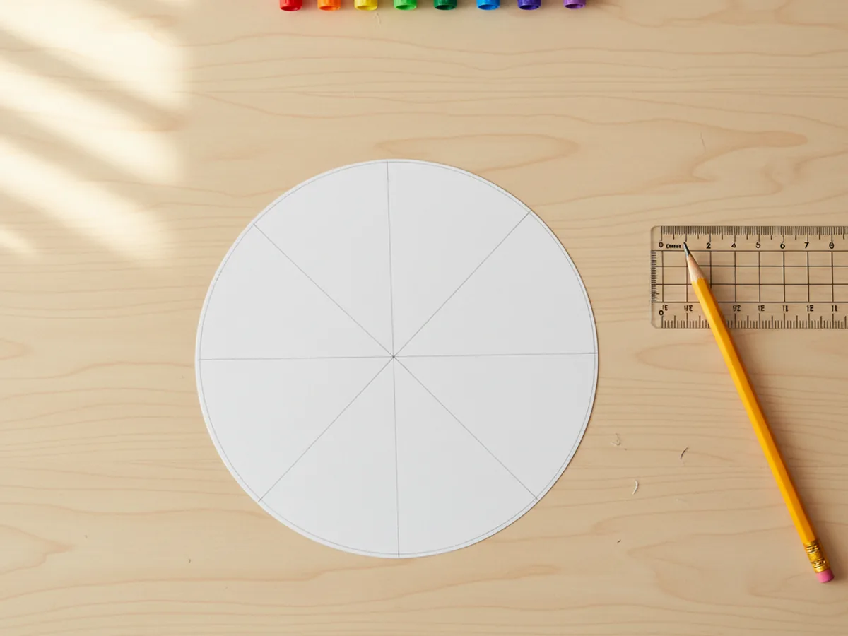 A white cardstock circle divided into six pie slice sections with light pencil lines on a craft table
