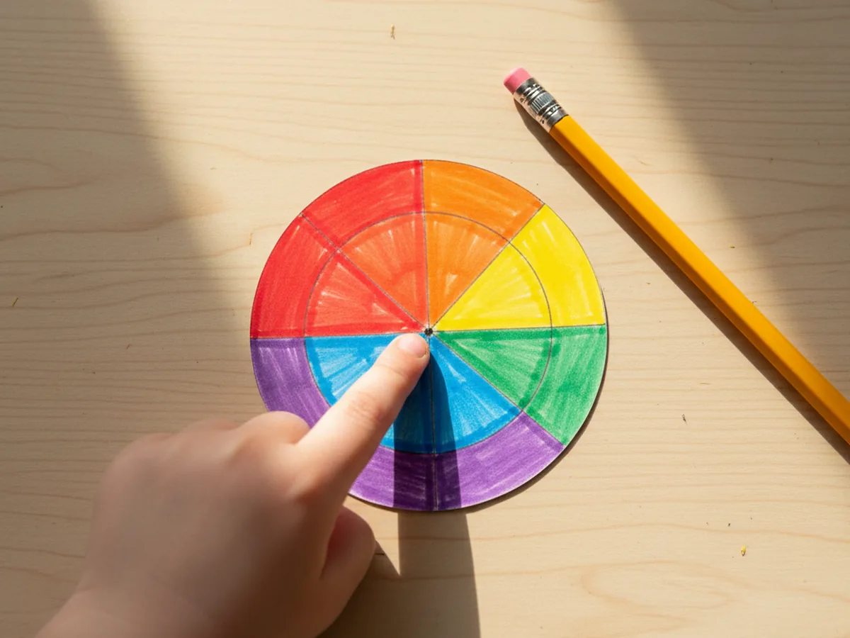 A finger pointing to a small dot marking the exact center of a rainbow colored cardstock disc for a paper spinner craft