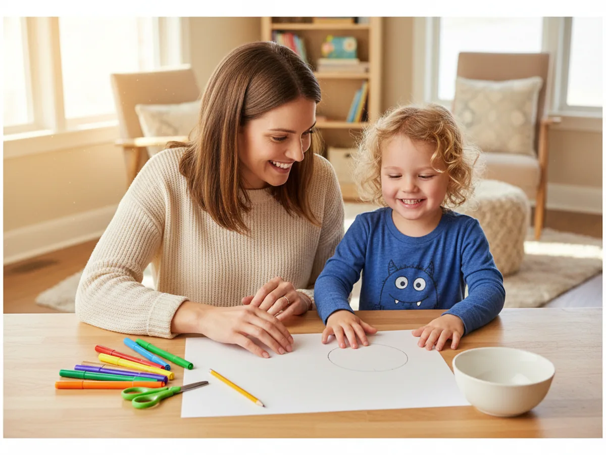 A mom and young child sitting at a craft table with bright cardstock, markers, and a pencil ready to make a paper spinner craft together