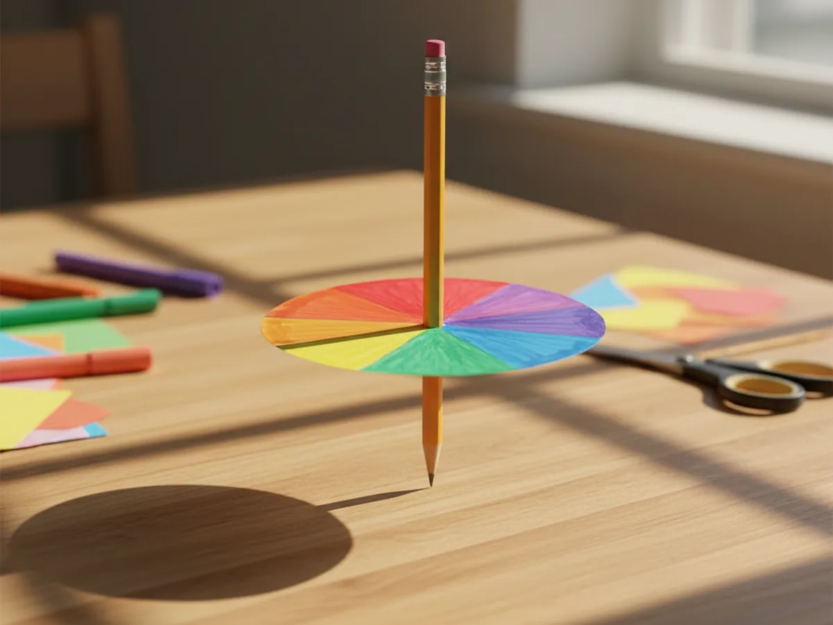 A pencil pushed through the center of a rainbow colored cardstock disc to make a paper spinner craft