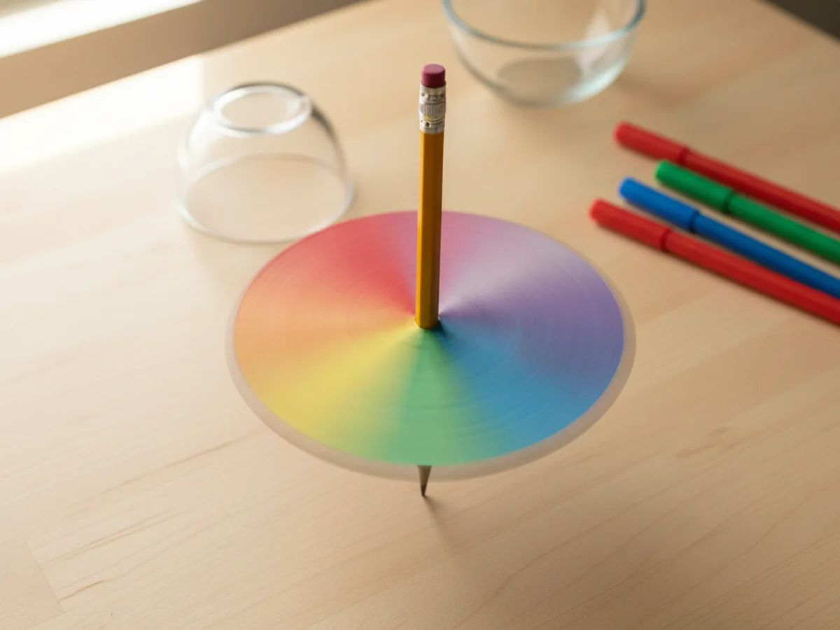 A finished rainbow paper spinner craft mid-spin on a wood craft table with the colors blurring into a soft pastel rainbow