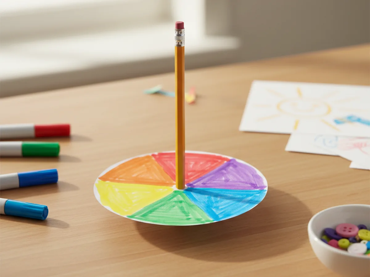 Bright rainbow paper spinner craft with a pencil through the center spinning on a wood craft table