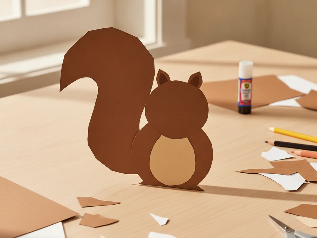 A brown paper squirrel body with a big curved fluffy tail glued behind it, a tan tummy patch on the front, and two rounded ears at the top, assembled on a craft table
