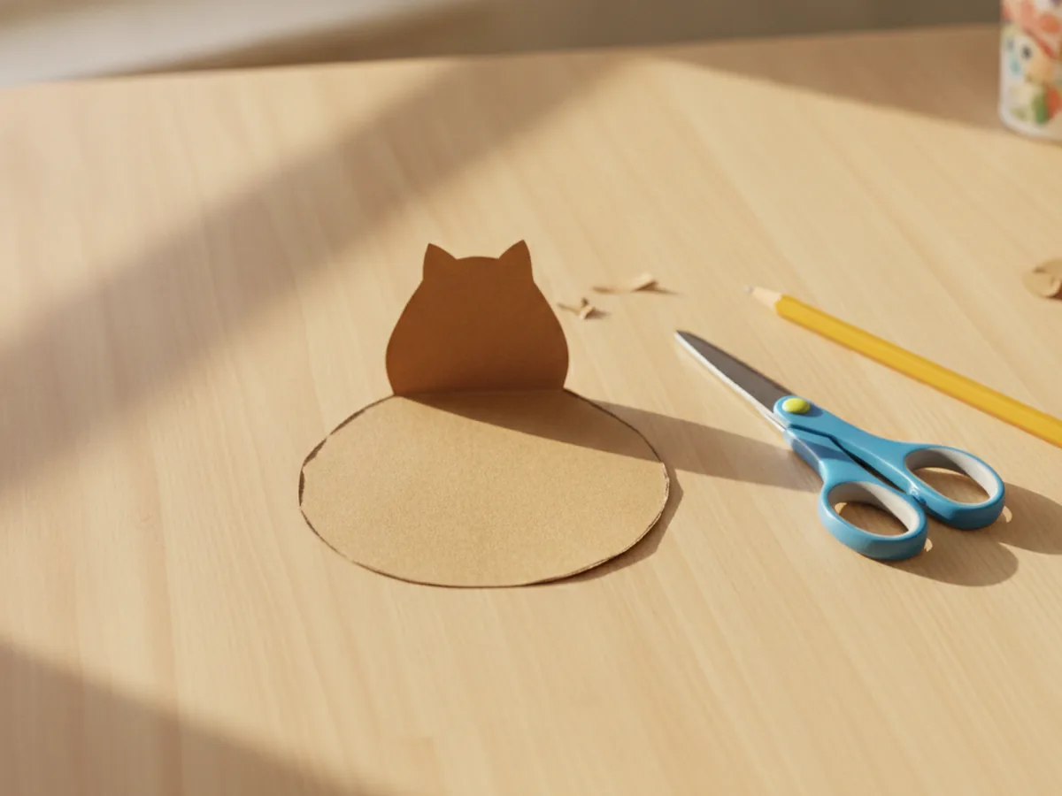 A plump brown construction paper teardrop body shape for a paper squirrel craft, cut out and lying on a light wood craft table next to kid scissors