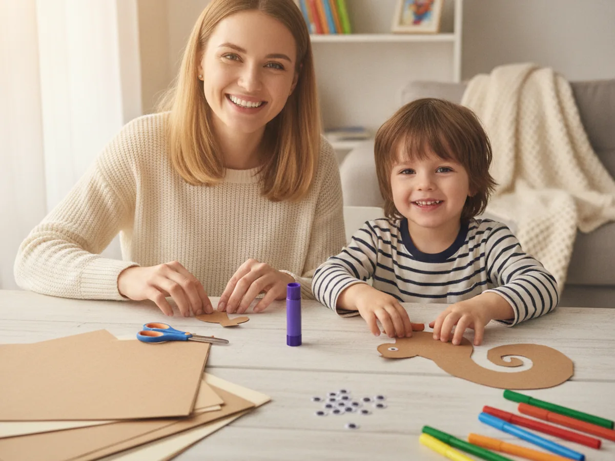 A mom and her young child sitting at a craft table with brown and tan construction paper, kid scissors, a glue stick, googly eyes, and markers, smiling as they get ready to make a paper squirrel craft