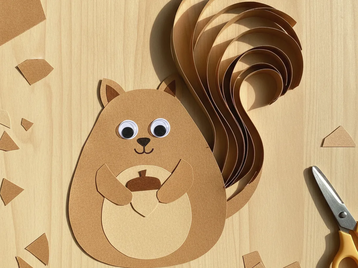 Finished paper squirrel craft made from brown construction paper with a plump body, a big fluffy curved tail, a tan tummy, round ears, googly eyes, and a little paper acorn held in its paws